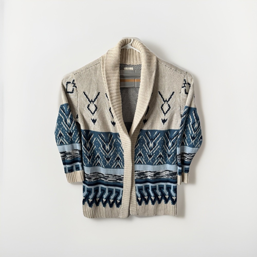 Lucky Brand Open Front Shawl Neck Cardigan Sweater Womens Large Blue‎ Aztec Boho